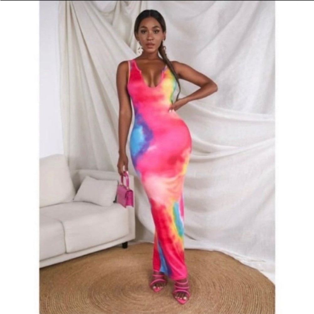PINK TIE DYE MULTICOLOR MAXI DRESS